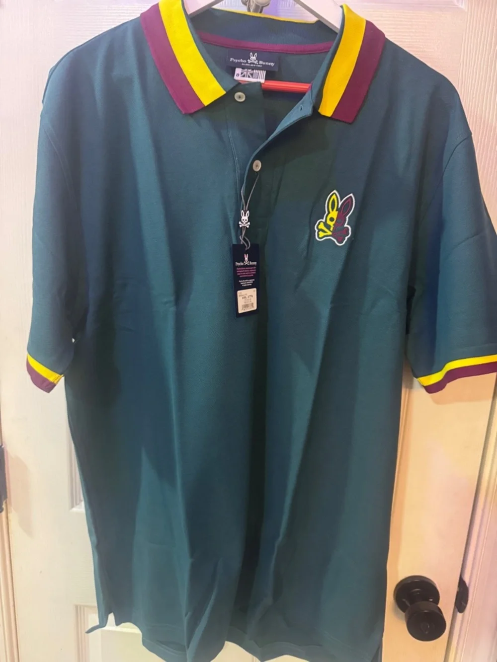 Psycho Bunny Forest Green Polo with Yellow & Maroon Collar - Picture 2 of 3